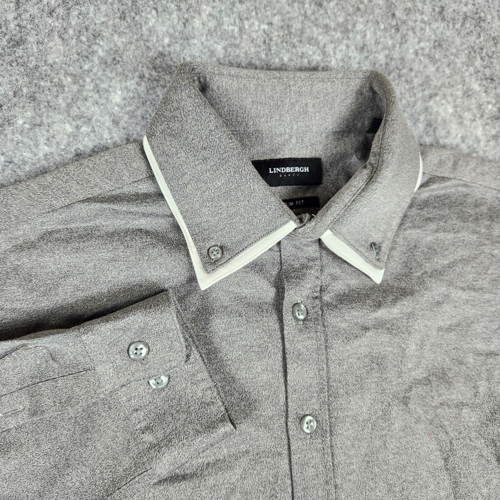 Lindbergh Black Contrast Collar Shirt Men L‎ Gray Long Sleeves Slim Fit Casual